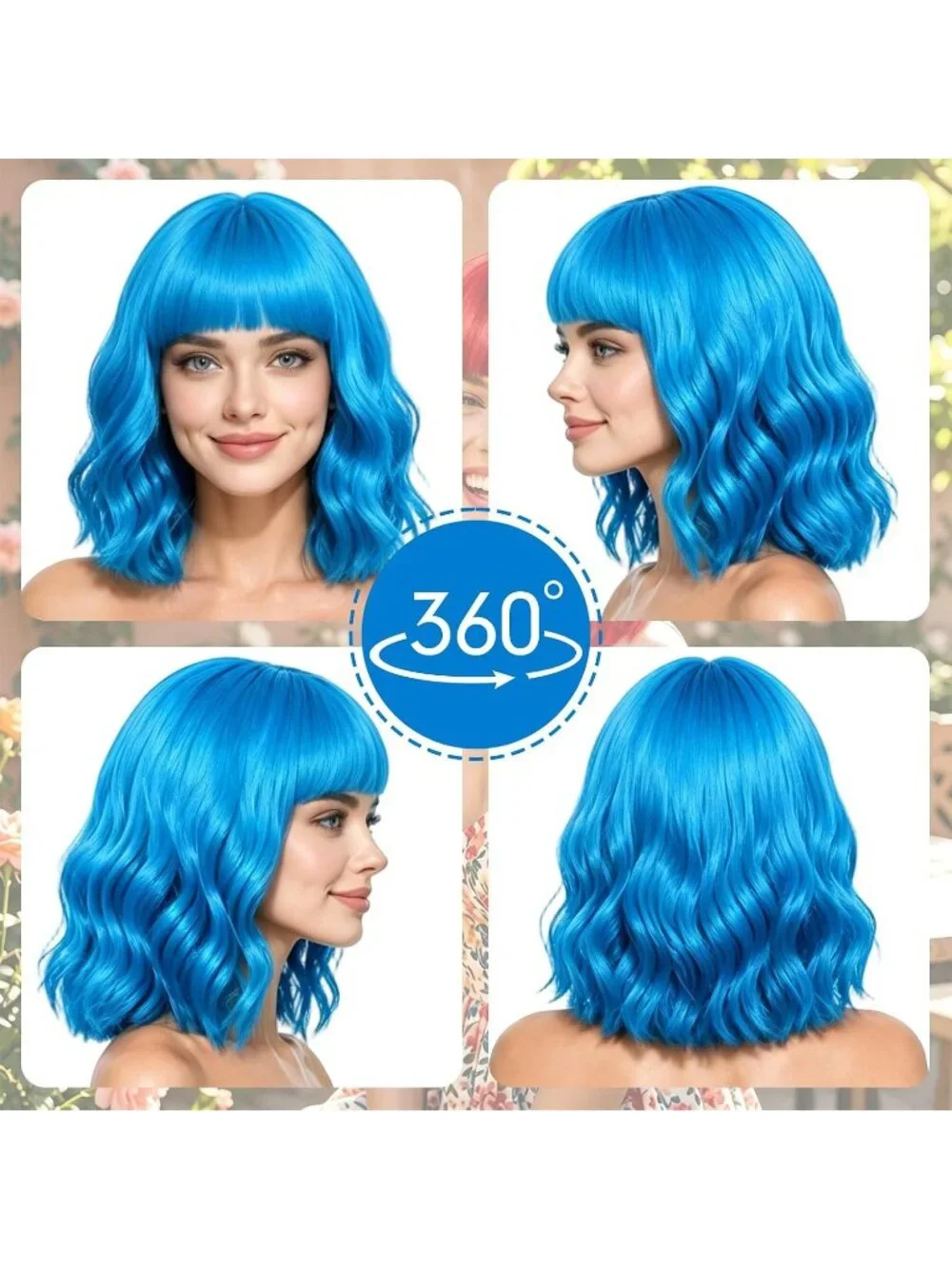 Women's Blue Curly Bob Synthetic Wigs Bangs With Neon Heart Sunglasses
